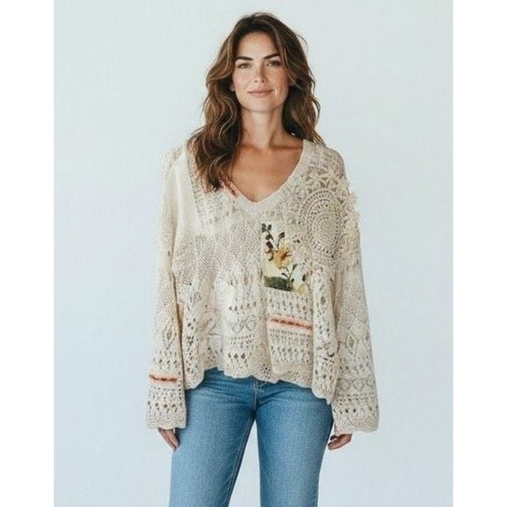 POL Sprout & Stitch Crochet Patchwork Sweater Top Size S